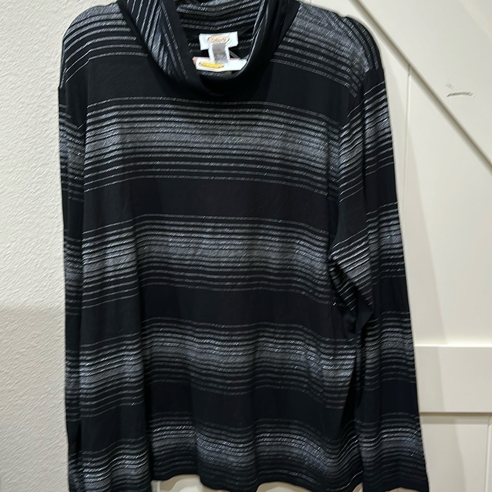 Talbots blouse. Now a sweater. Black with silver metallic threading.